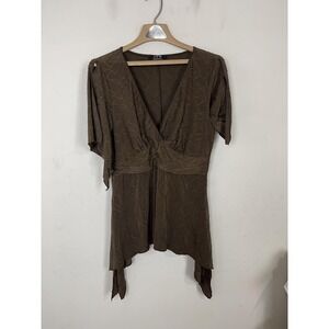 JFW Just For‎ Wraps Shirt Top Womens Medium Brown Fairy Grunge Y2K Asymmetrical